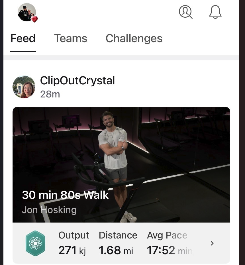 Peloton Community Feed post before the Following Tab filter was added