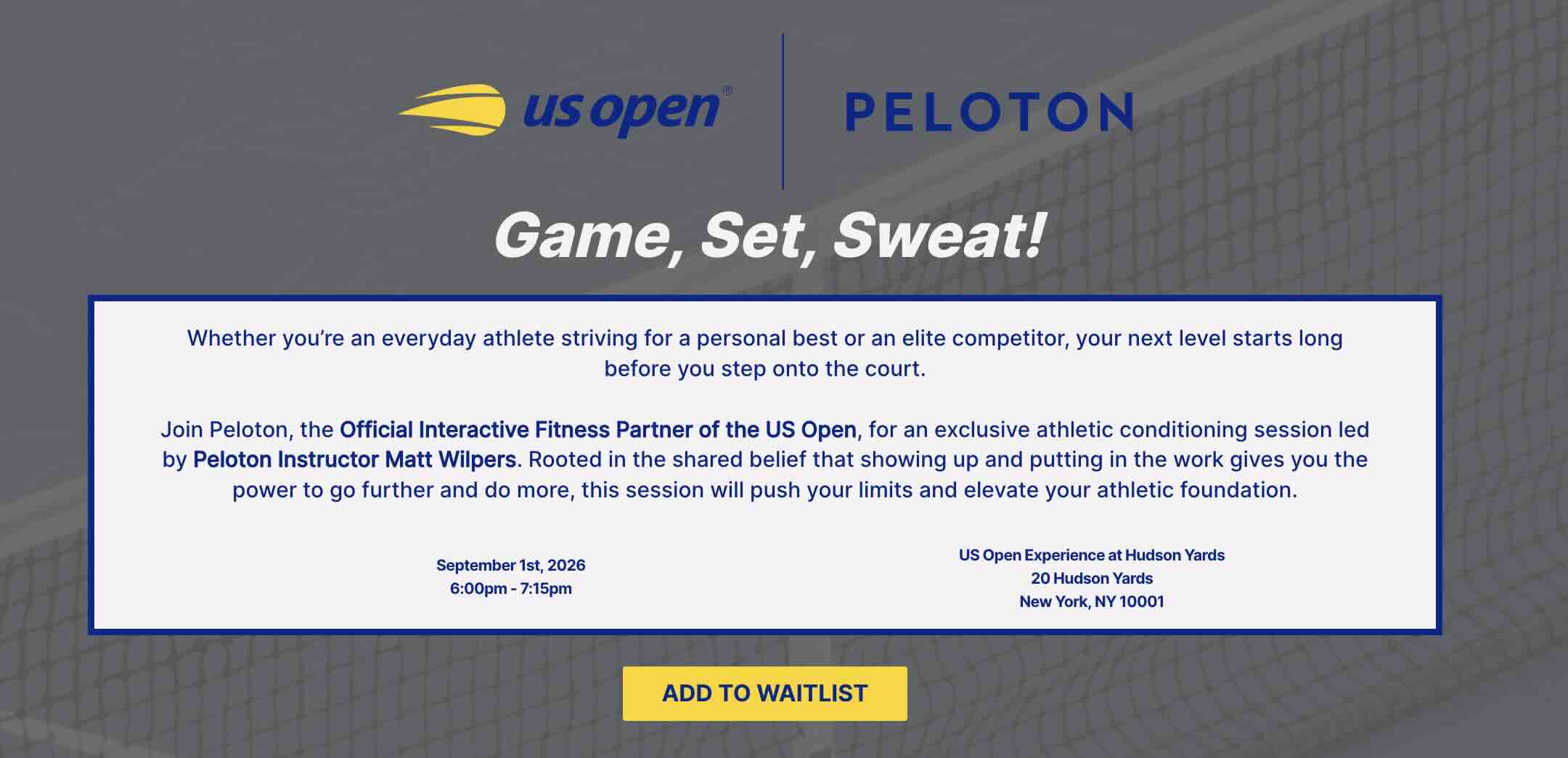 Peloton US Open partnership event graphic featuring Matt Wilpers at Hudson Yards