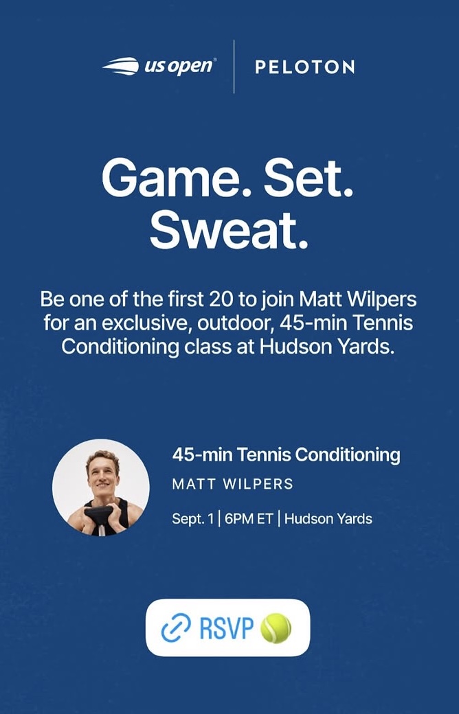 Peloton US Open partnership event graphic featuring Matt Wilpers at Hudson Yards