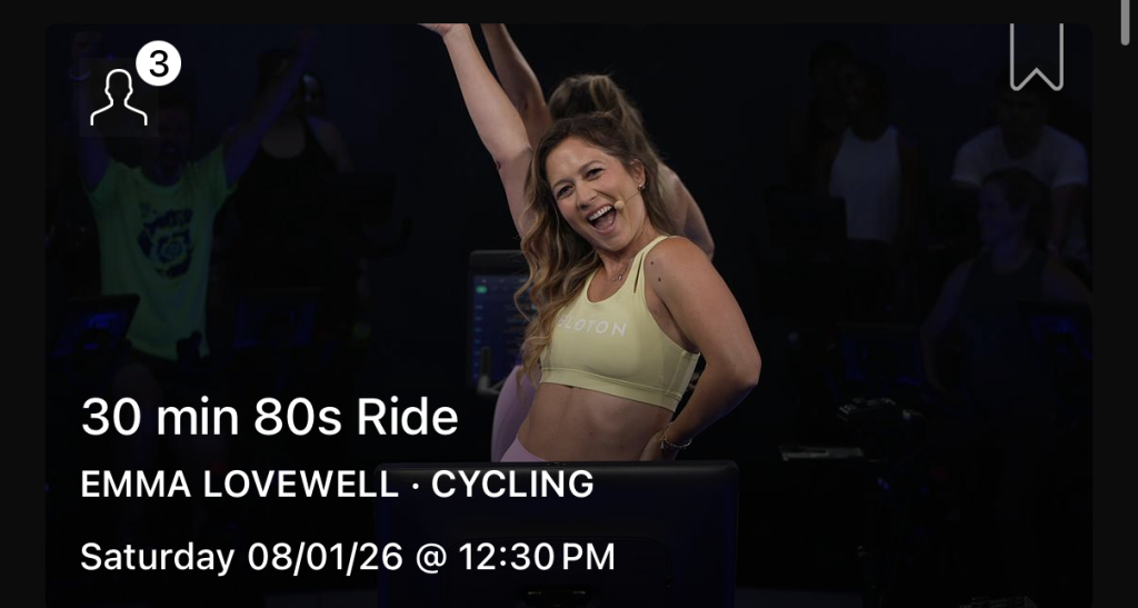 Emma Lovewell 80s Ride class card for Saturday August 1 at 12:30 PM ET
