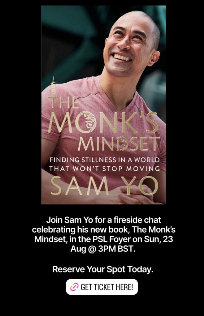 Sam Yo book celebration flyer for The Monk's Mindset at Peloton Studios London