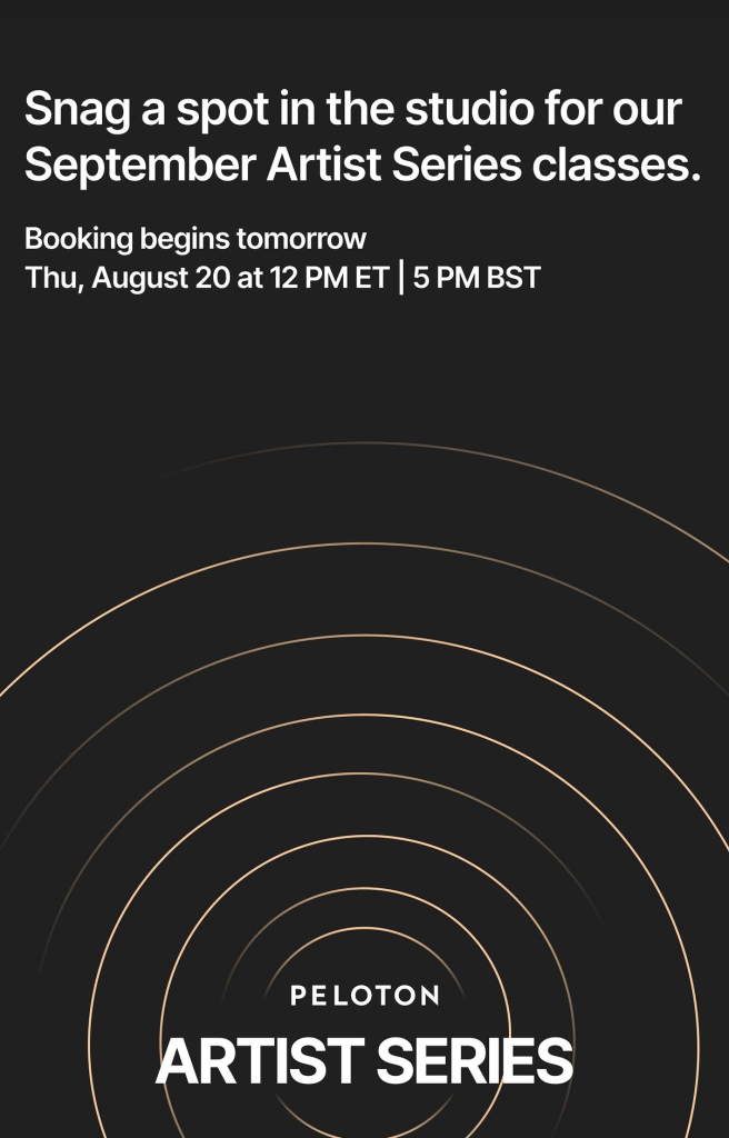Peloton September Artist Series booking announcement graphic showing the August 20 studio booking window