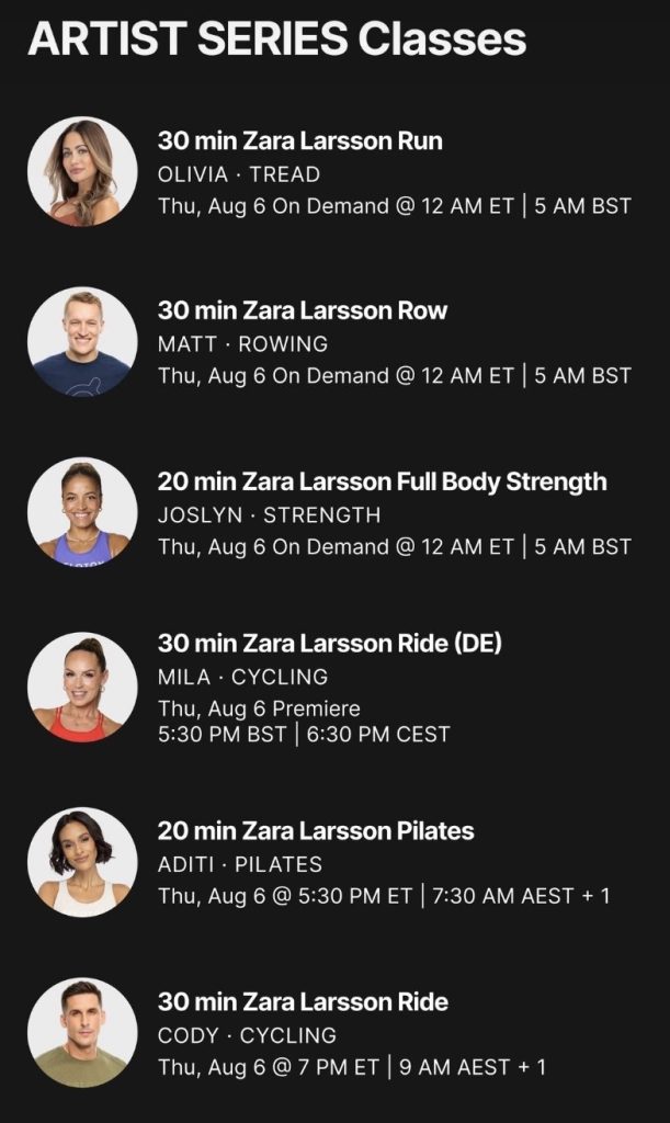 Zara Larsson Artist Series class schedule on Peloton app