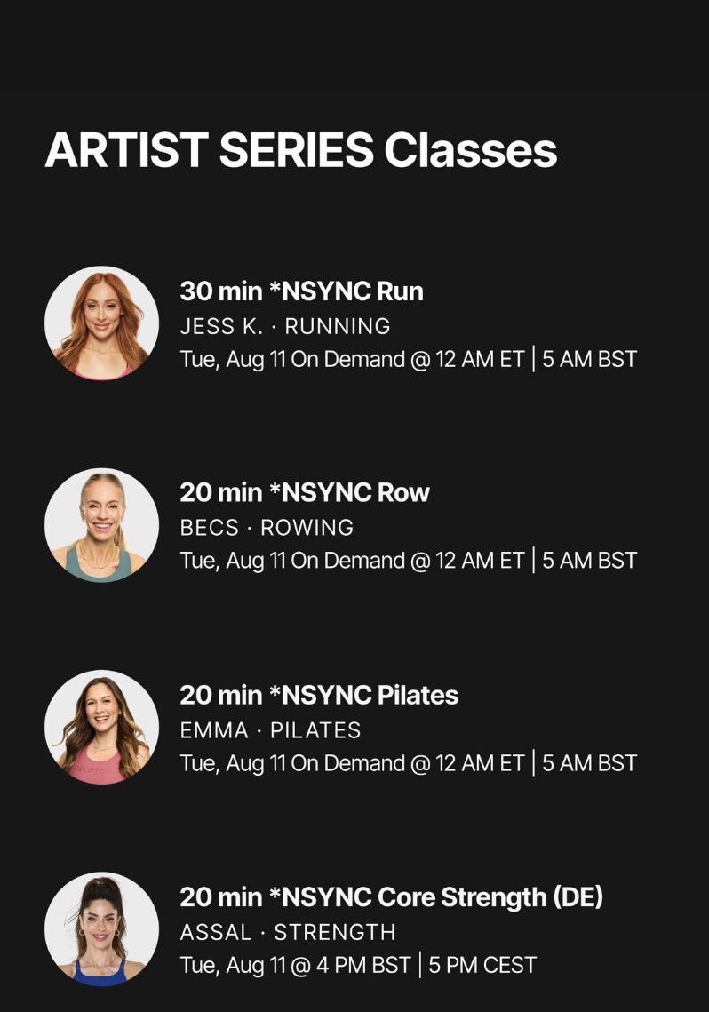 NSYNC Artist Series Peloton class schedule showing Run, Row, Pilates, and Strength
