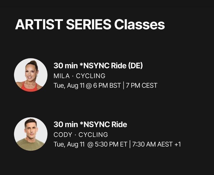 NSYNC Artist Series Peloton class schedule showing Run, Row, Pilates, and Strength