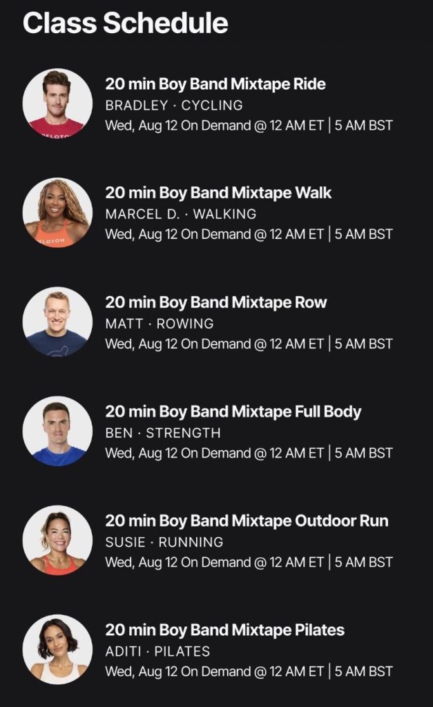 Boy Band Mixtape Classes schedule showing Bradley, Marcel D., Matt, Ben, Susie, and Aditi