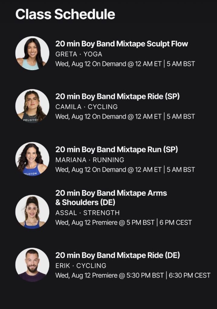 Boy Band Mixtape Classes schedule showing Greta, Camila, Mariana, Assal, and Erik