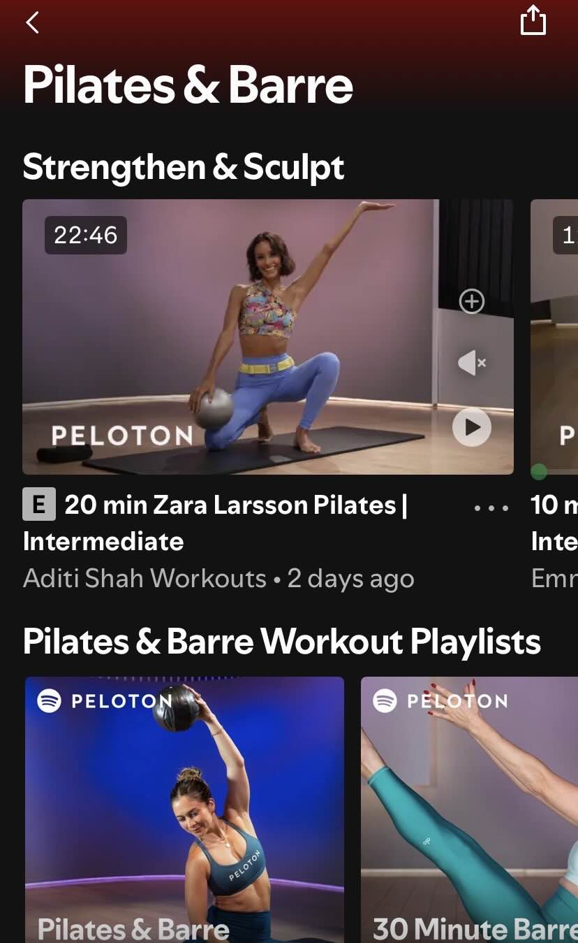 Peloton Fitness on Spotify - navigation to Aditi's Zara Larsson class