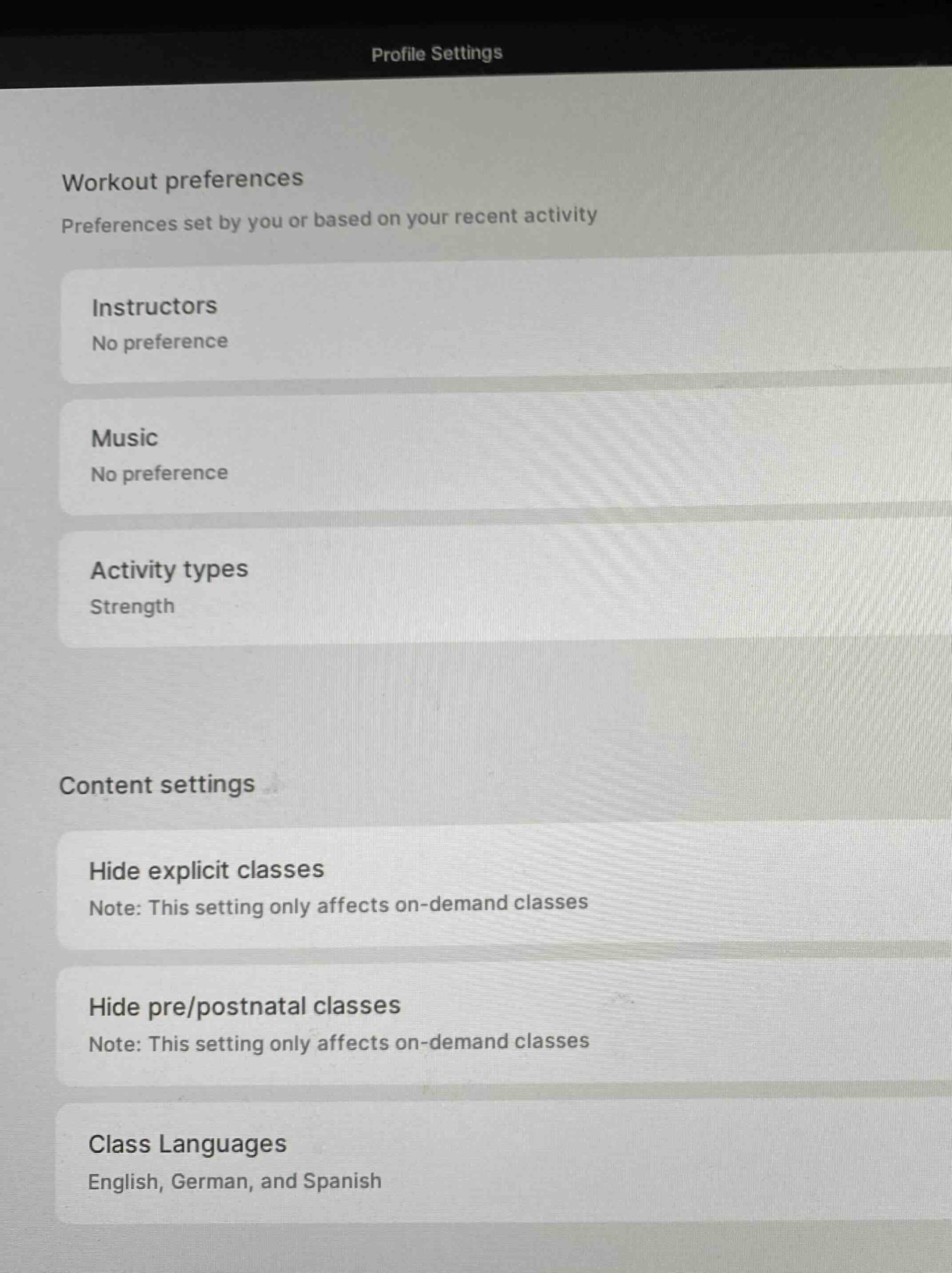 Peloton Content Preferences menu showing settings