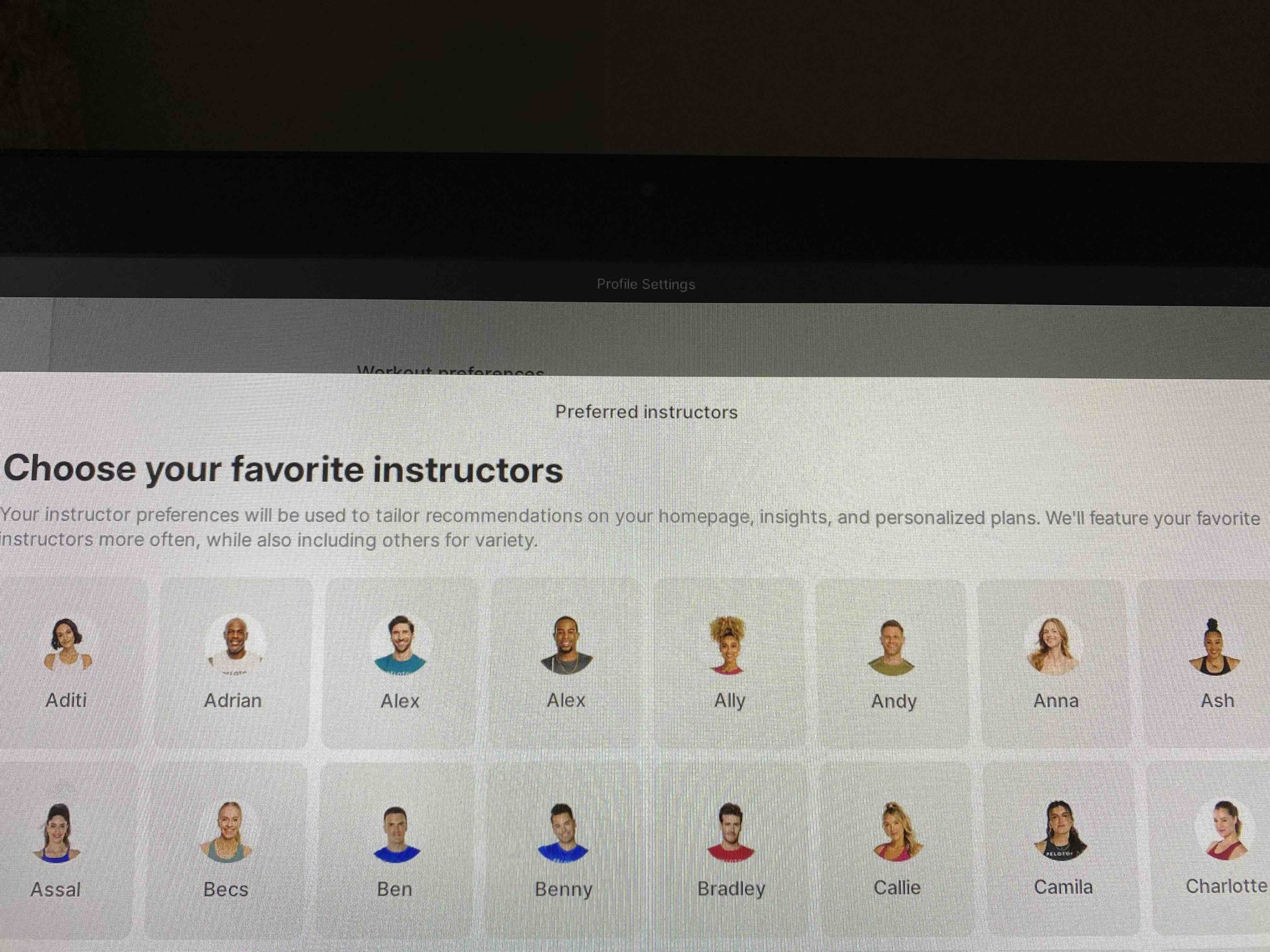 Peloton Content Preferences menu showing settings
