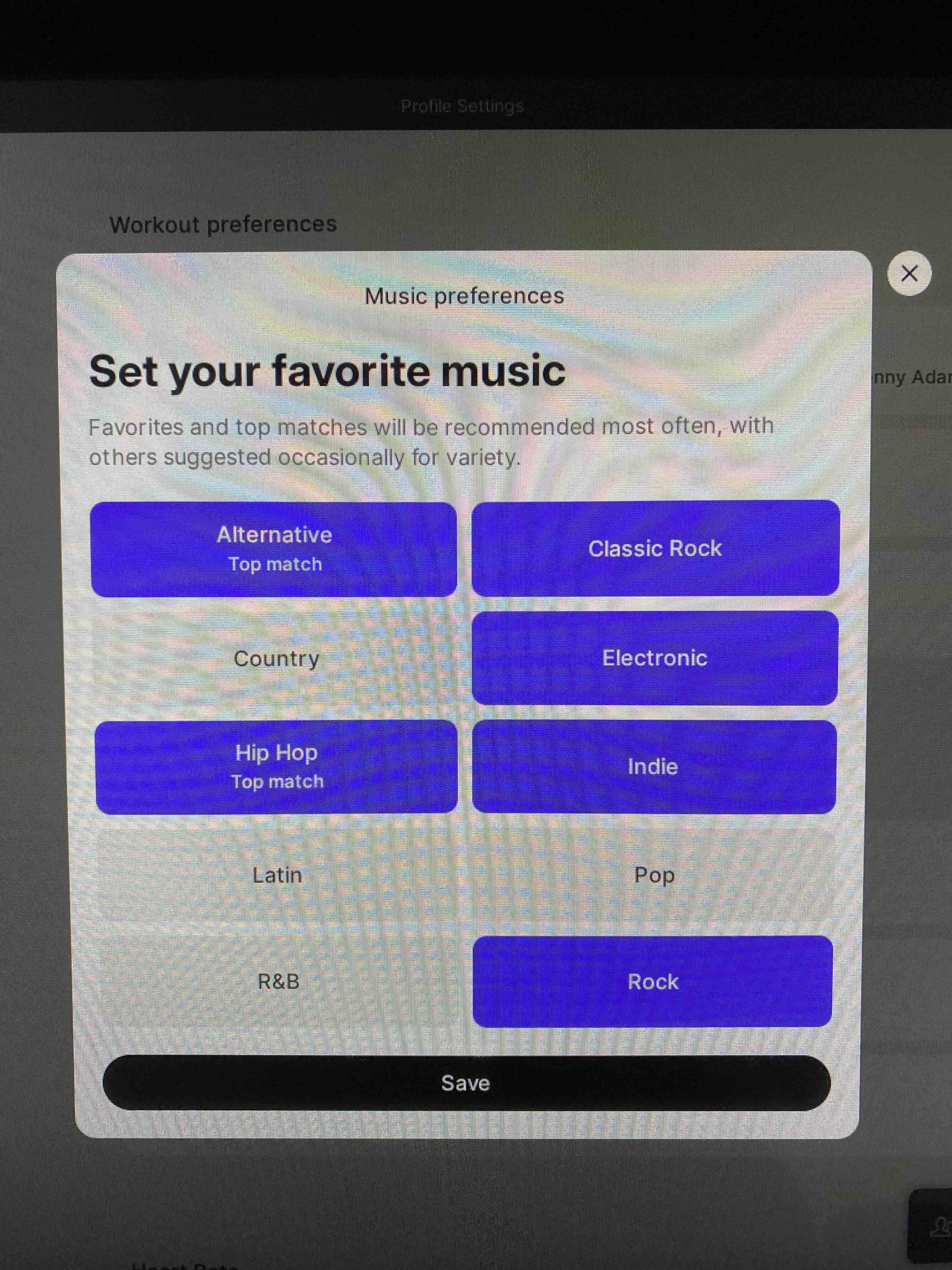 Peloton Content Preferences menu showing settings