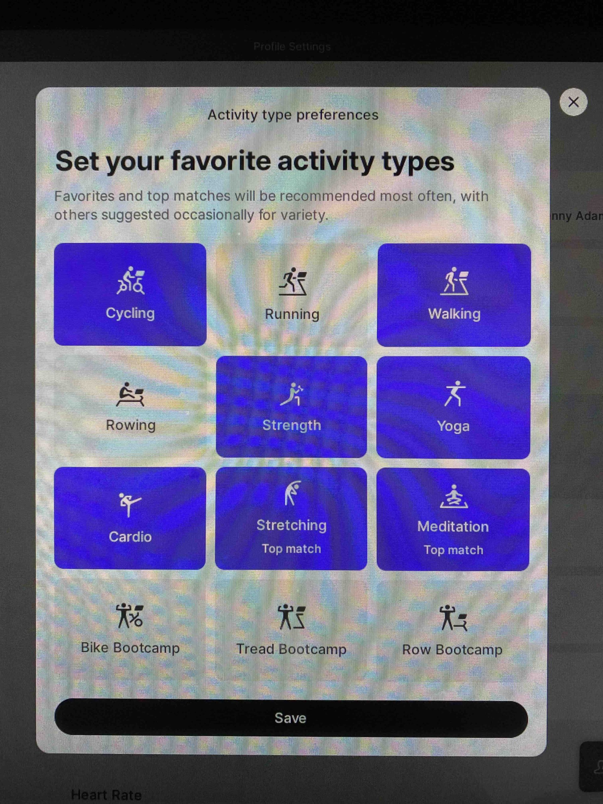 Peloton Content Preferences menu showing settings