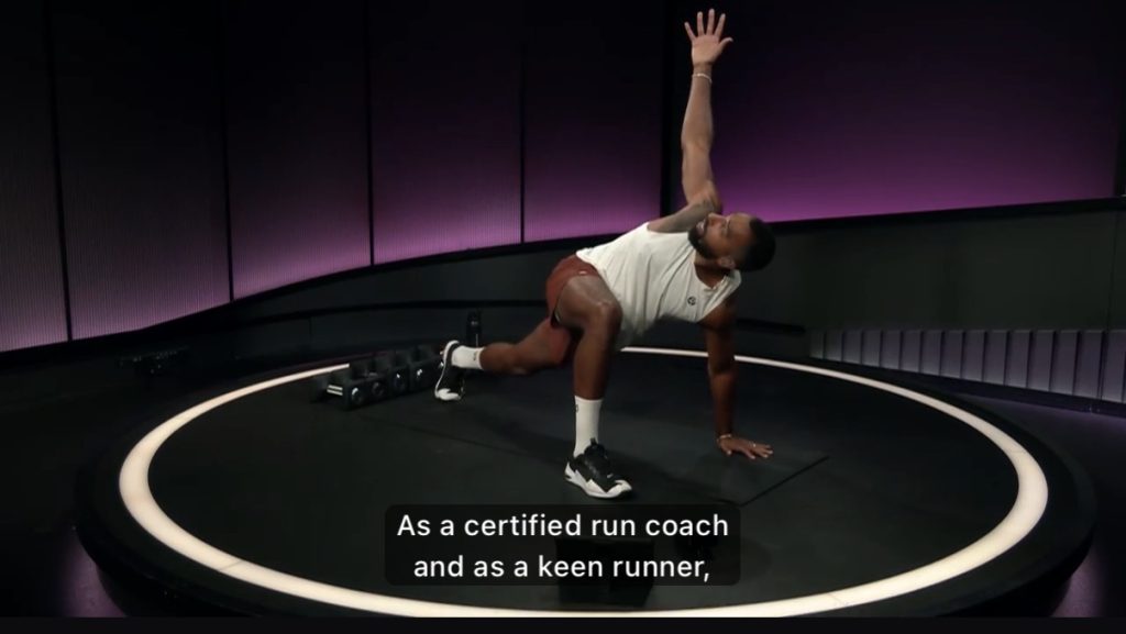 Jermaine Johnson Glutes & Legs Strength class, side plank with knee drive at Peloton Studios