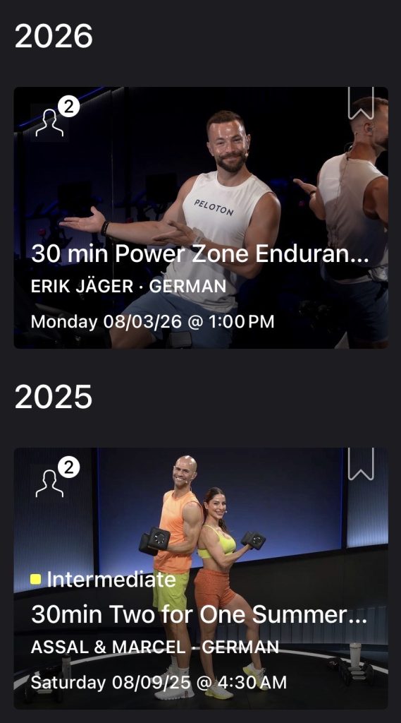 Peloton Reiselust-Woche schedule showing German instructor classes