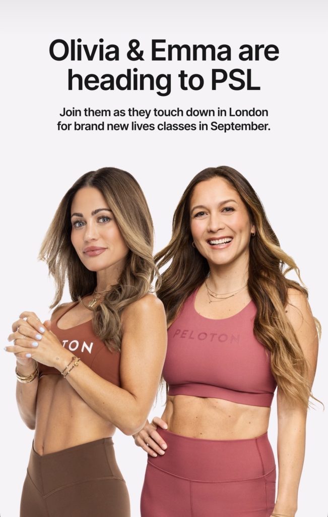 Peloton Studios London booking announcement featuring Olivia Amato and Emma Lovewell