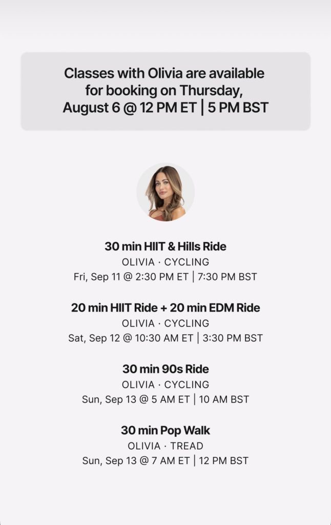 Peloton Studios London booking schedule graphic for Olivia Amato September classes
