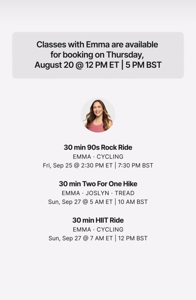 Peloton Studios London booking schedule graphic for Emma Lovewell September classes