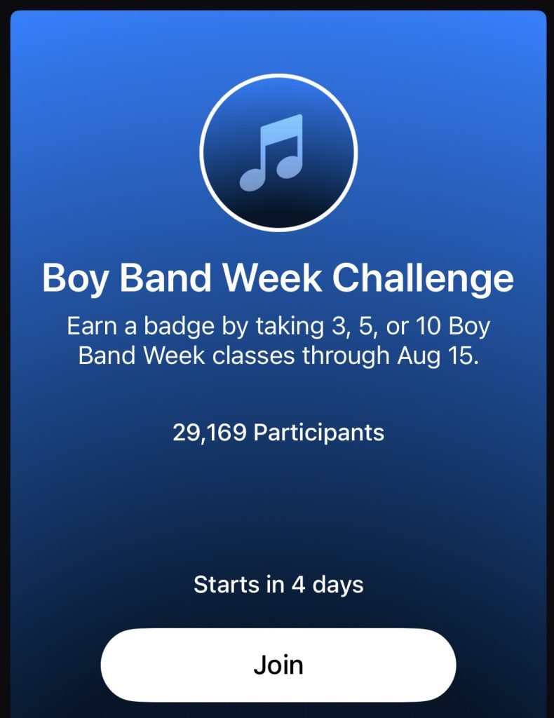 Peloton Boy Band Week Challenge join screen with badge details