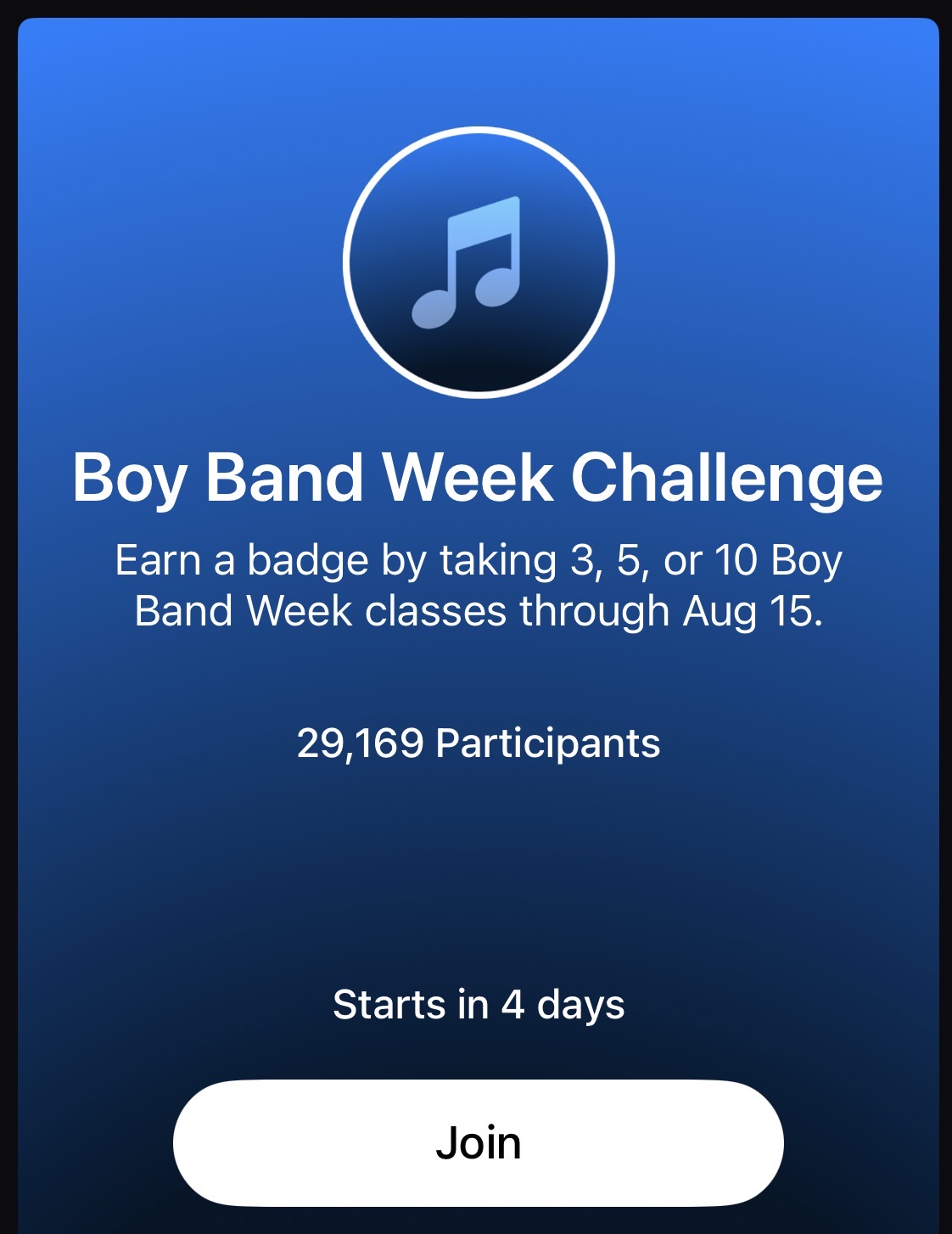 Boy Band Week Challenge join screen with badge details