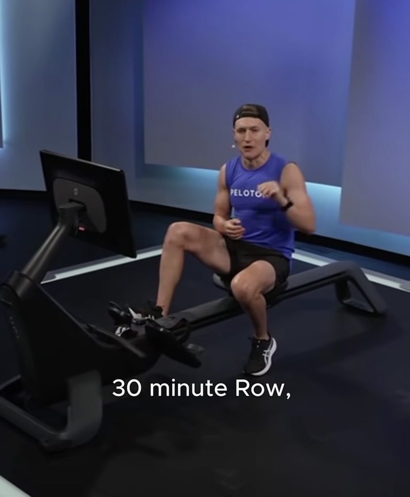 Peloton Triathlon schedule showing 30 minute Row, Ride, and Run