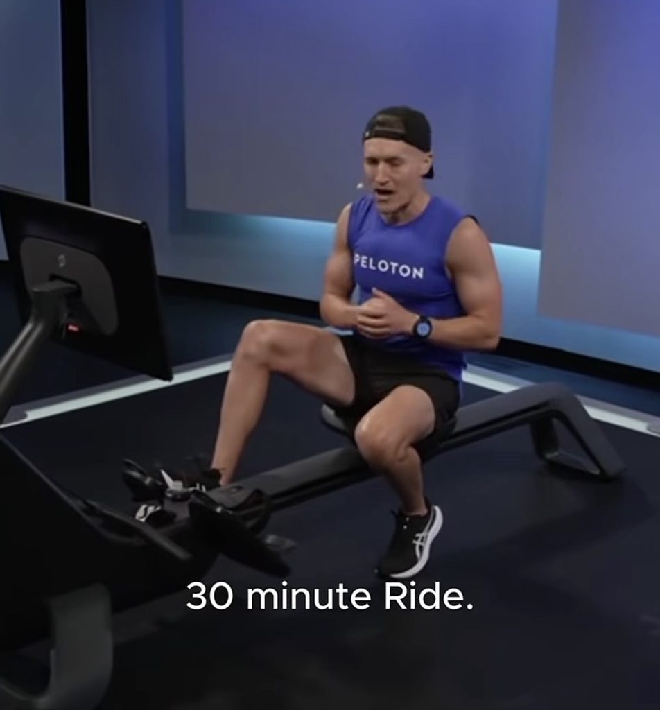 Peloton Triathlon schedule showing 30 minute Row, Ride, and Run