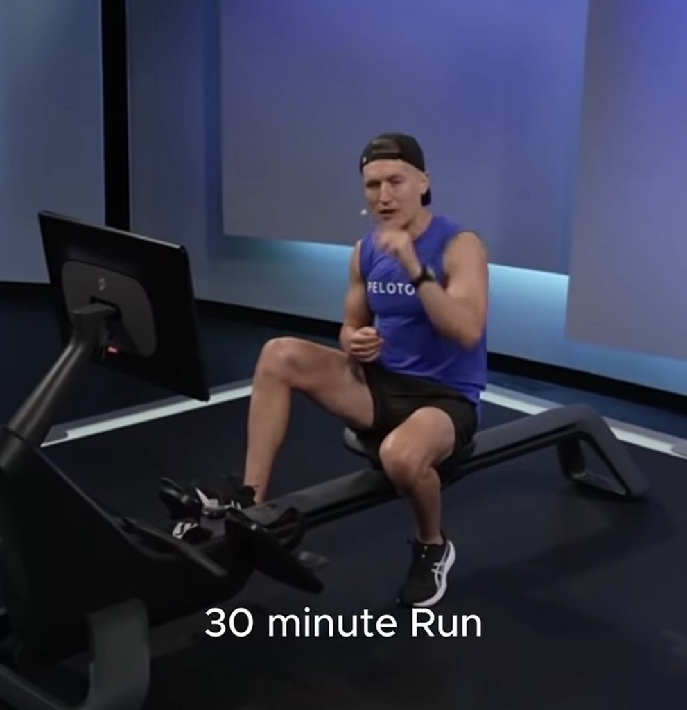 Peloton Triathlon schedule showing 30 minute Row, Ride, and Run