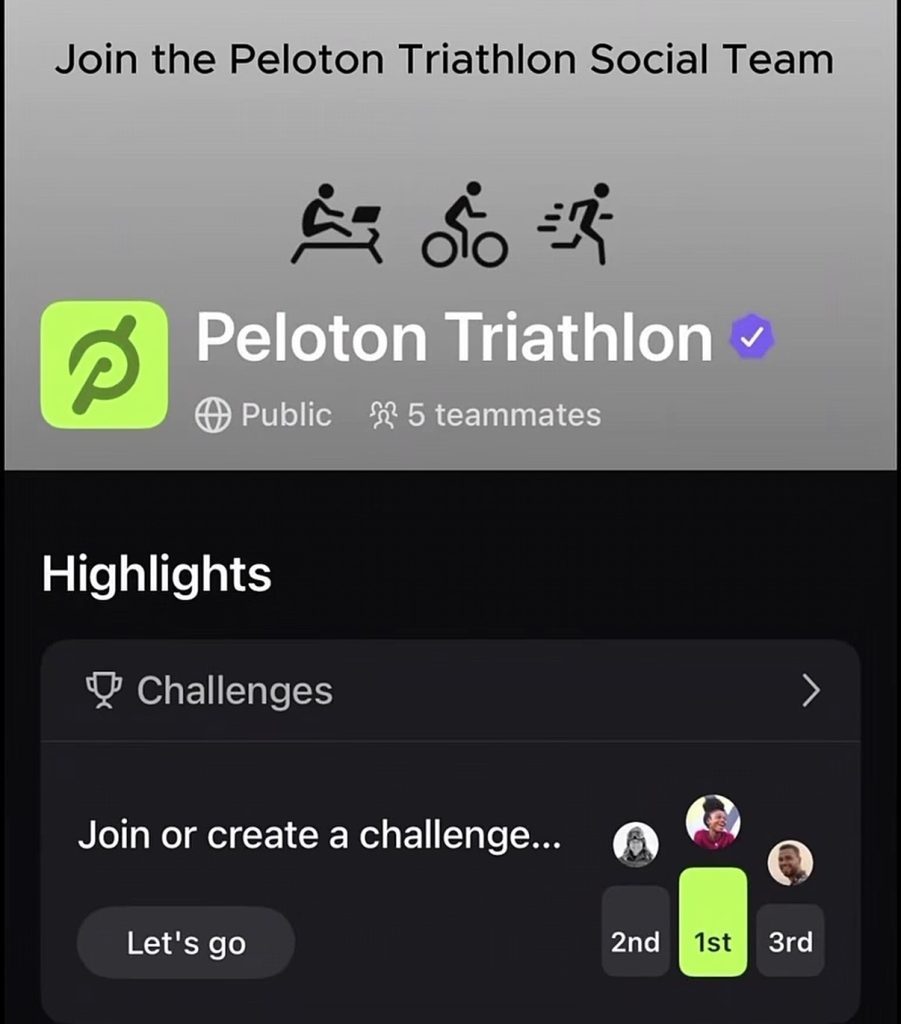 Peloton Triathlon Social Team page on the Peloton app
