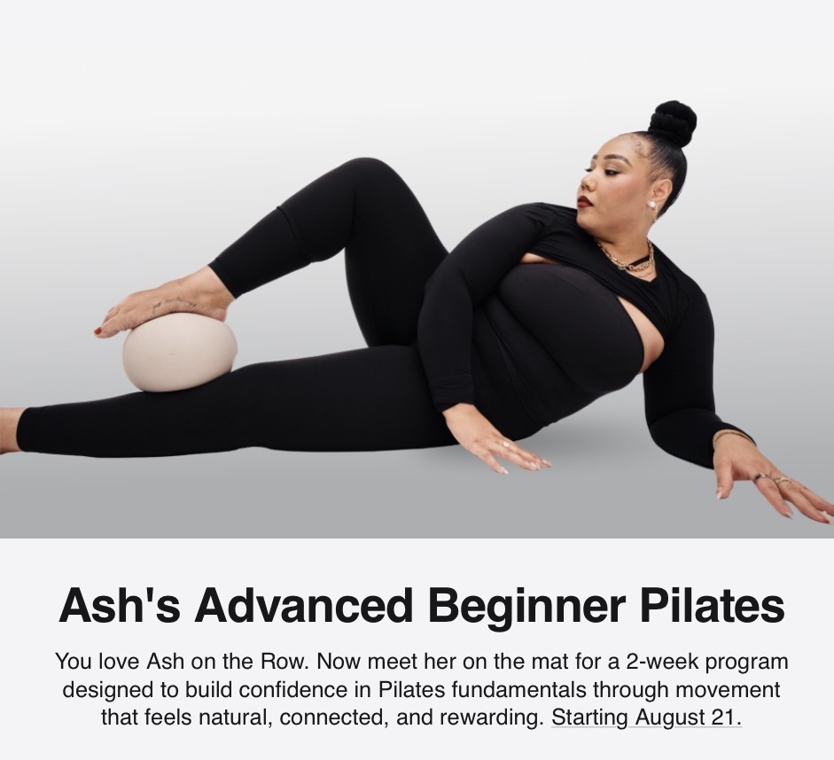 Ash Pryor Advanced Beginner Pilates program artwork with Ash in a mat pose