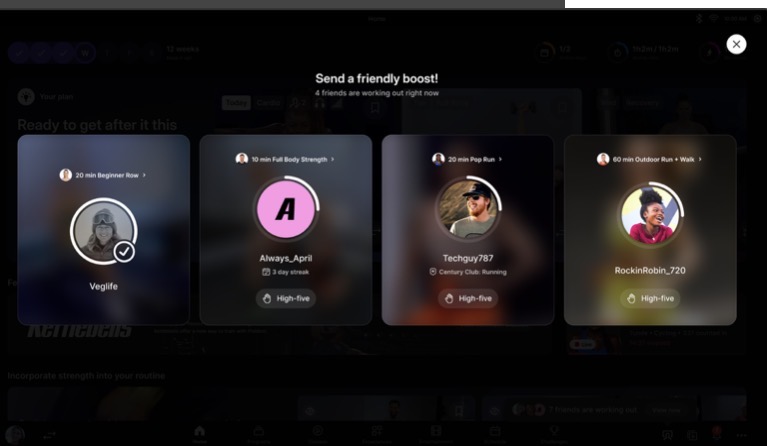 Peloton Out of Class High Fives shown in the Here Now popover on a connected fitness device