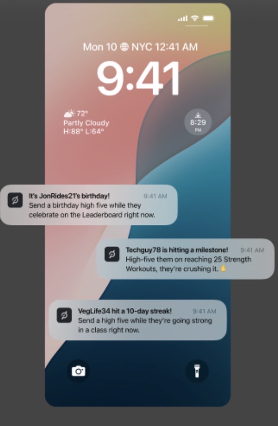 Peloton Out of Class High Fives push notifications for birthdays and workout streaks