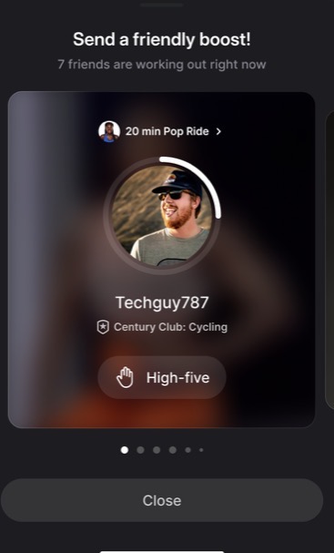 Peloton Out of Class High Fives sent through the mobile app Here Now feature