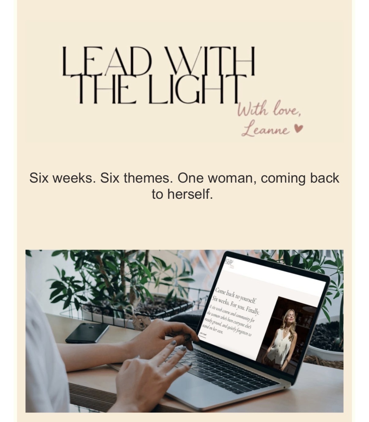 Leanne's Lead with the Light six-week course waitlist announcement laptop screen