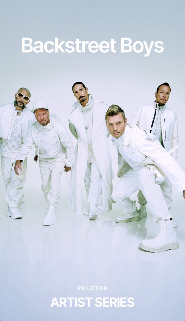 Backstreet Boys Artist Series promotional photo of the group in white outfits for Peloton
