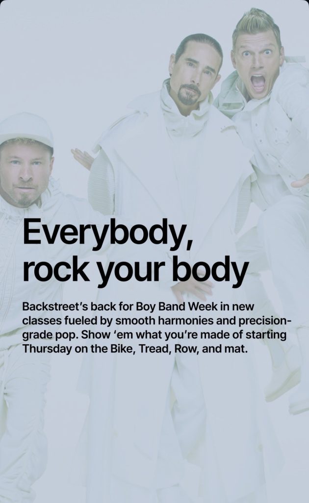 Backstreet Boys Artist Series promo graphic reading Everybody rock your body for Peloton
