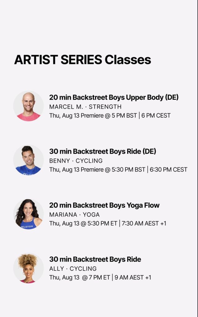 Backstreet Boys Artist Series class list with Marcel M., Benny, Mariana, and Ally
