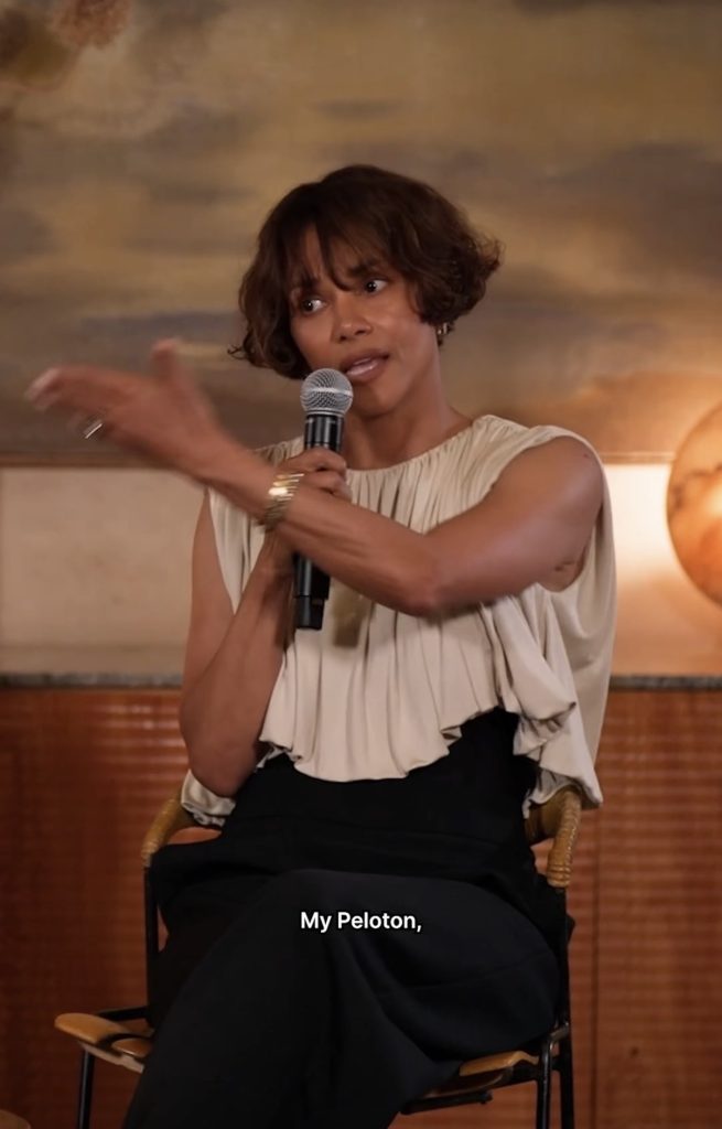 Halle Berry Peloton panel discussing her martial arts years and her bike
