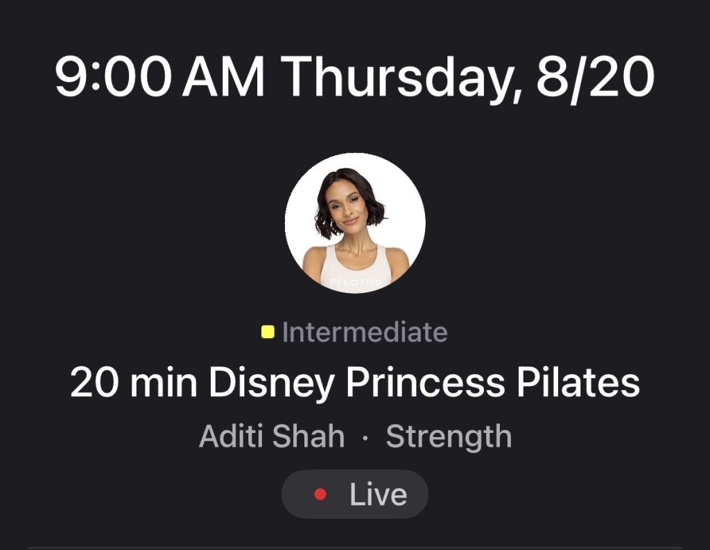 Disney Princess Pilates class card featuring instructor Aditi Shah