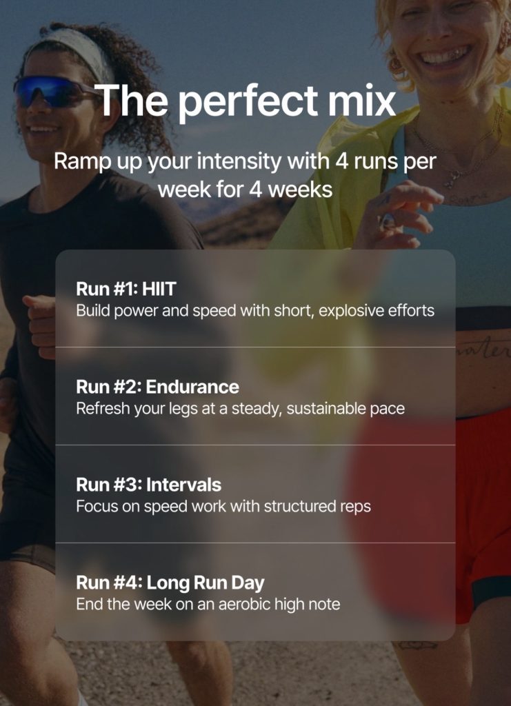 How the Structure Works" section. Alt: "Peloton Outdoor Run Club Series weekly plan HIIT Endurance Intervals Long Run Day