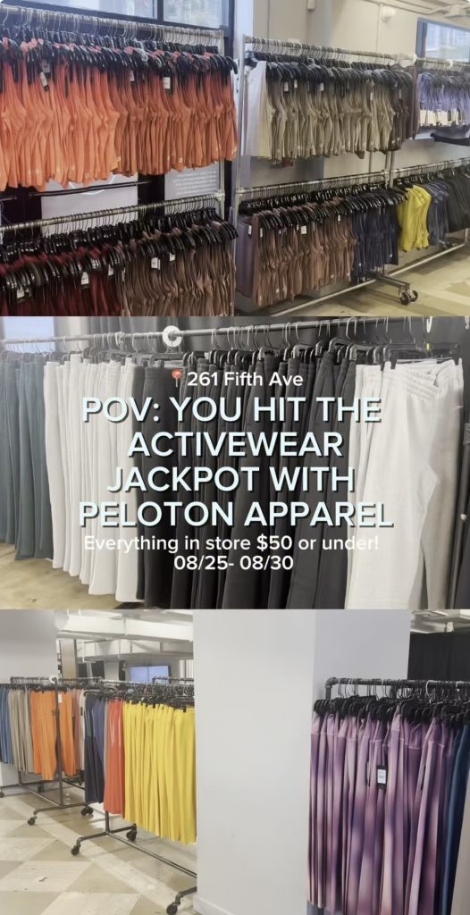 Peloton Apparel sample sale rack of yellow, blue, and orange tops priced at $50 or under