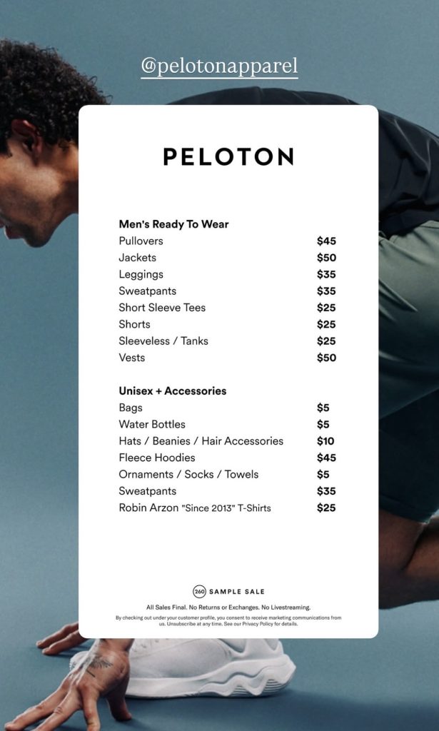 Peloton Apparel sample sale pricing chart for men's and unisex accessories