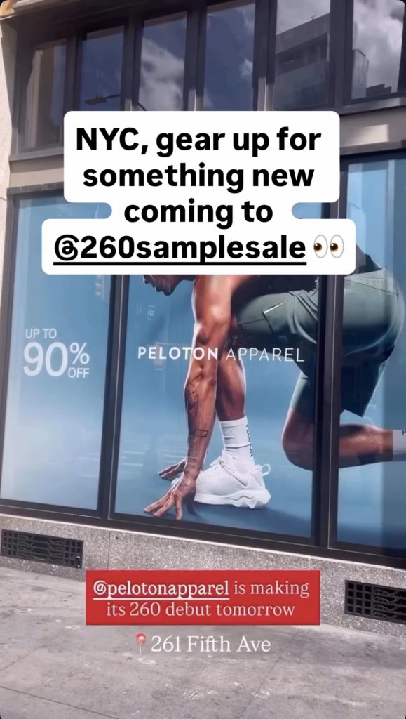 Peloton Apparel sample sale storefront window display at 261 Fifth Avenue announcing the 260 debut