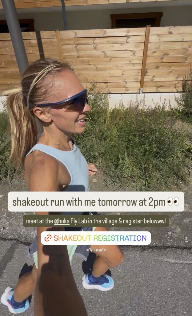 Becs Gentry shakeout run announcement on Instagram Story inviting fans to the HOKA Fly Lab in Chamonix