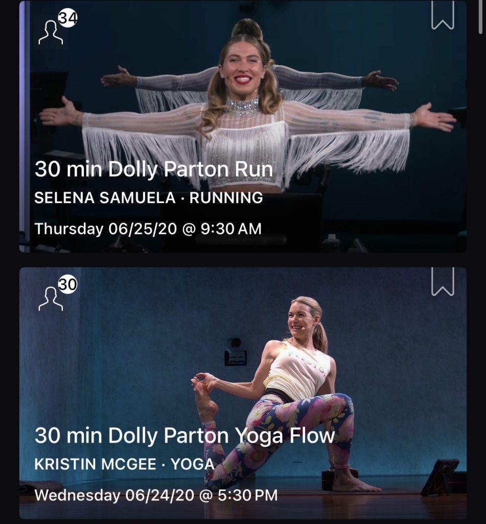 Dolly Parton Peloton classes displayed in the on-demand schedule, including Selena Samuela's run and Kristin McGee's yoga flow