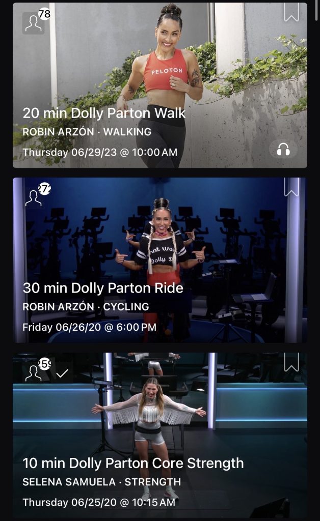 Dolly Parton Peloton classes displayed in the on-demand schedule, including Robin Arzón's walk and ride and Selena Samuela's core strength class