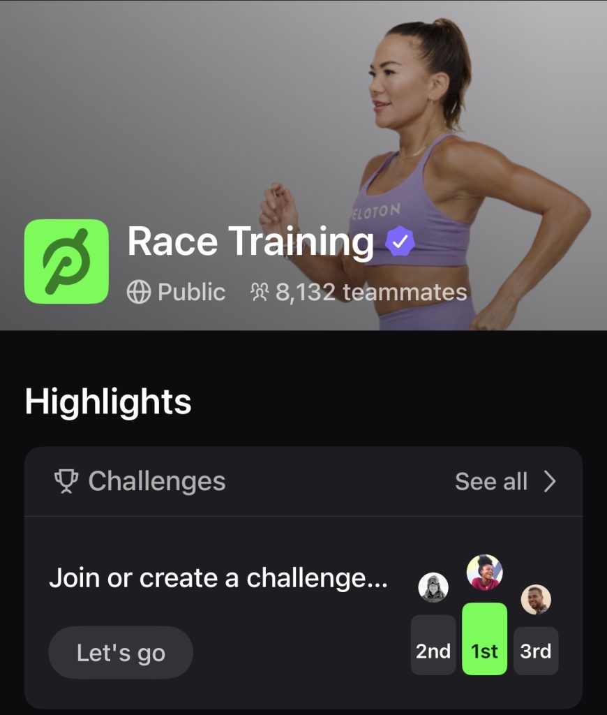 Progressive Method trackers shared on Peloton's Race Training Team page alongside Outdoor Run Club Series post
