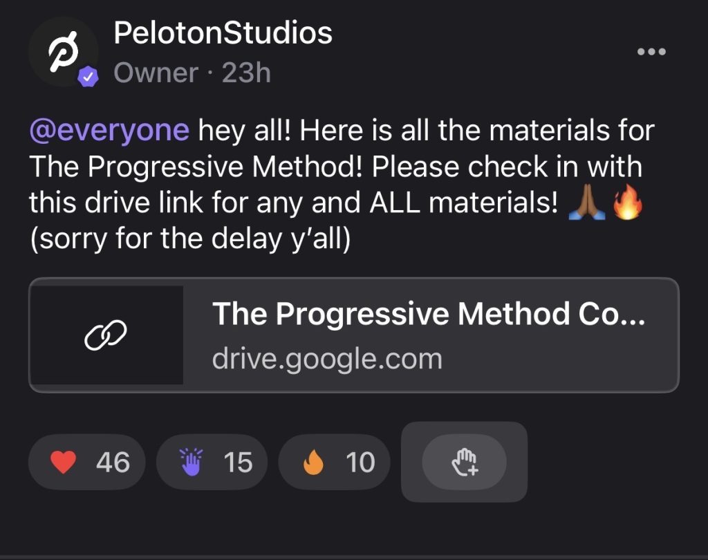 Progressive Method trackers shared on Peloton's Race Training Team page alongside Outdoor Run Club Series post