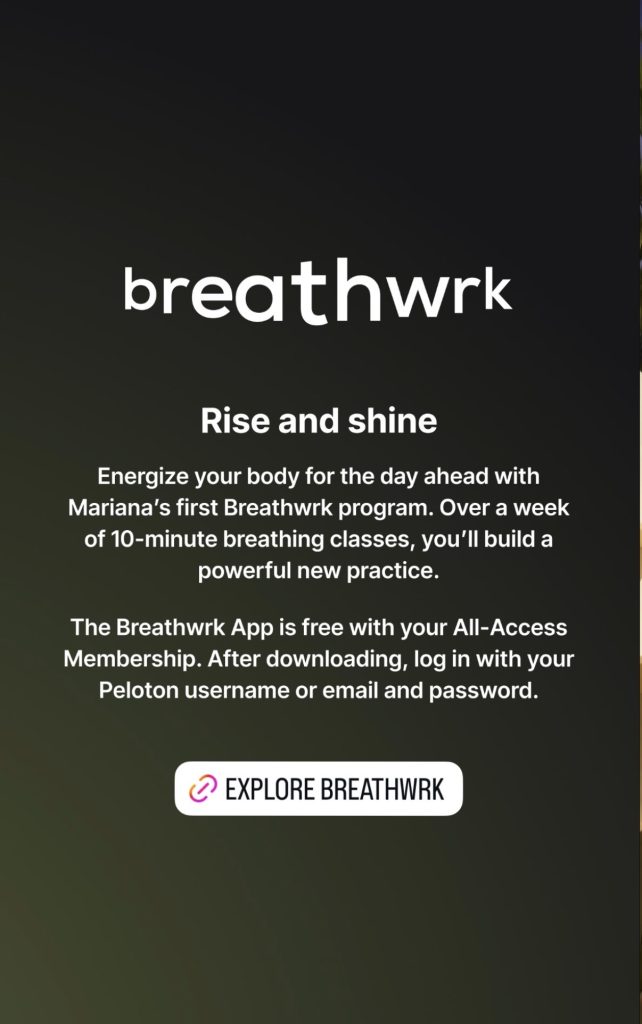 	Mariana Fernandez Breathwrk program Rise and Shine description screen with Explore Breathwrk button