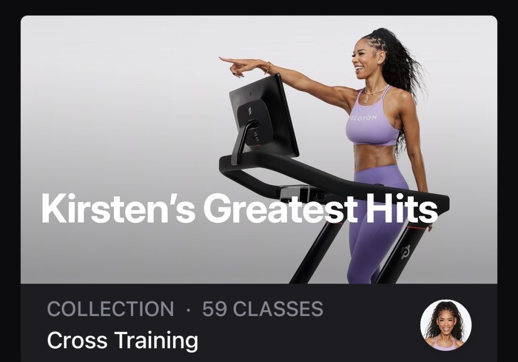 Kirsten Ferguson Greatest Hits collection cover with Kirsten Ferguson smiling on the Peloton Tread