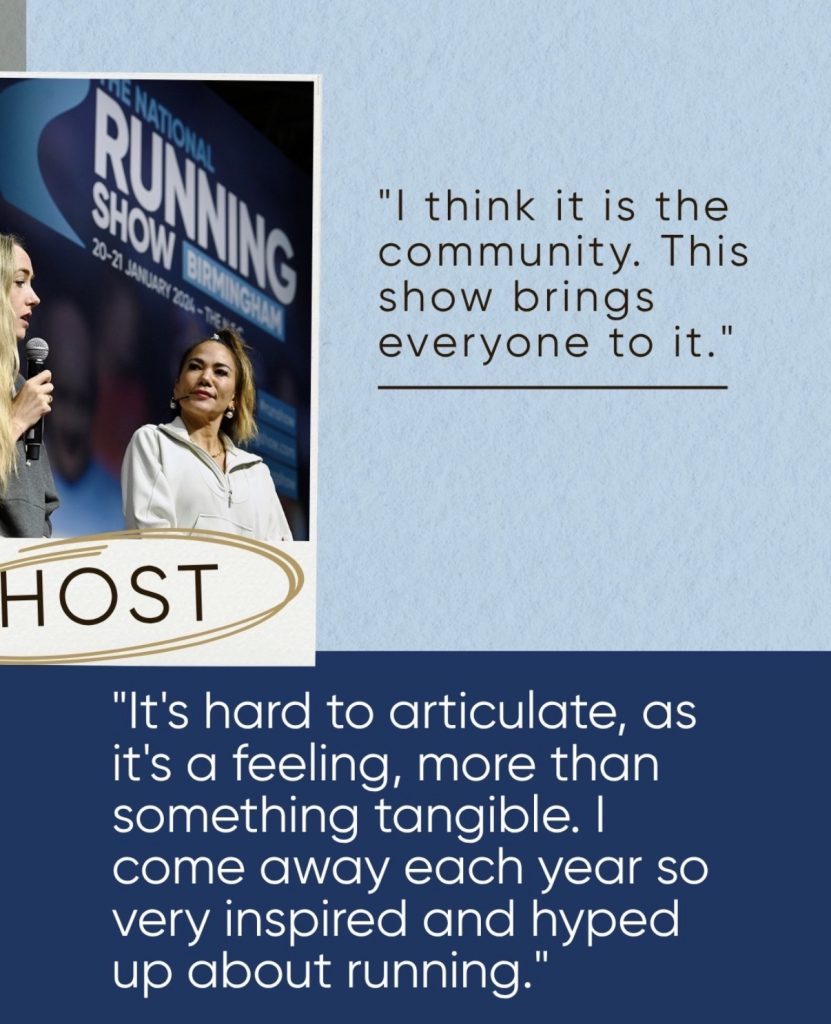 National Running Show host Susie Chan quote graphic on the event's community atmosphere