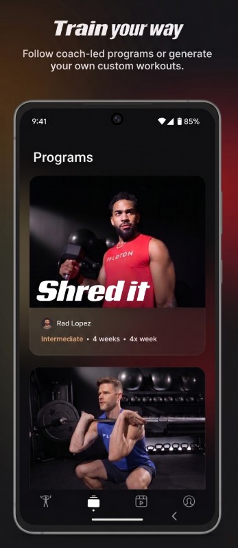 Peloton Strength+ Android app screen showing custom strength workout options